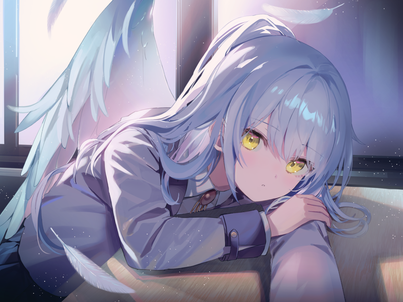 Konachan.com---385157-angel_beats-close-feathers-gray_hair-kanda_done-long_hair-ponytail-school_uniform-tachibana_kanade-wings-yellow_eyes-abf57a5a7cc6f9e825feefd8688867eb