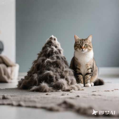 jimeng 2025 07 04 1536 一只猫，旁边是用猫毛堆的小山