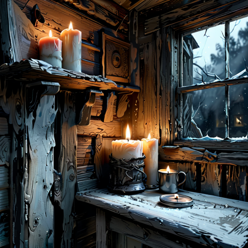 00159 1252415874 inside a dark log cabin,shabby,at night,a candle,darkness outside the window,realis