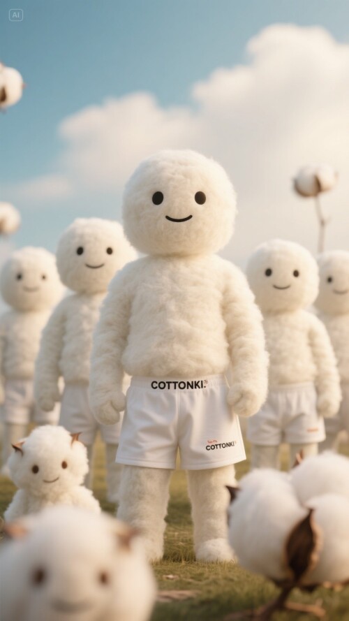 jimeng 2025 06 14 1522 棉花人大家族，都是穿着白色的短裤，短裤上的LOGO是COTTONKI
