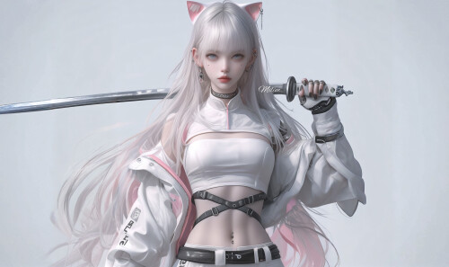 【哲风壁纸】女武士 武士刀 猫女