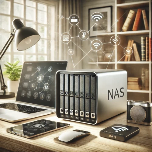 DALL·E 2024 07 06 07.48.51 A home office setting featuring a Network Attached Storage (NAS) device p