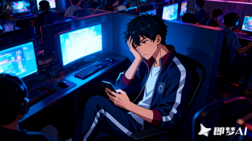 jimeng 2025 12 18 3799 参考图1的人物特征，近景侧拍场景：主体人物坐在电脑前，他是一个亚洲男性，有着黑色...