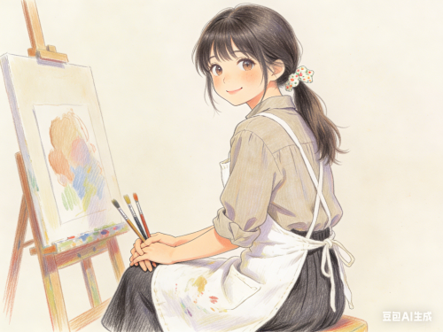 生成彩铅画：软萌女生坐在画布前