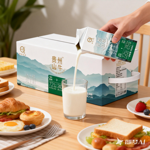 jimeng 2025 12 29 2475 背景是在一个餐桌上放着一箱牛奶周围摆着早餐，然后桌子上还放着一个玻璃杯，拿着一盒...