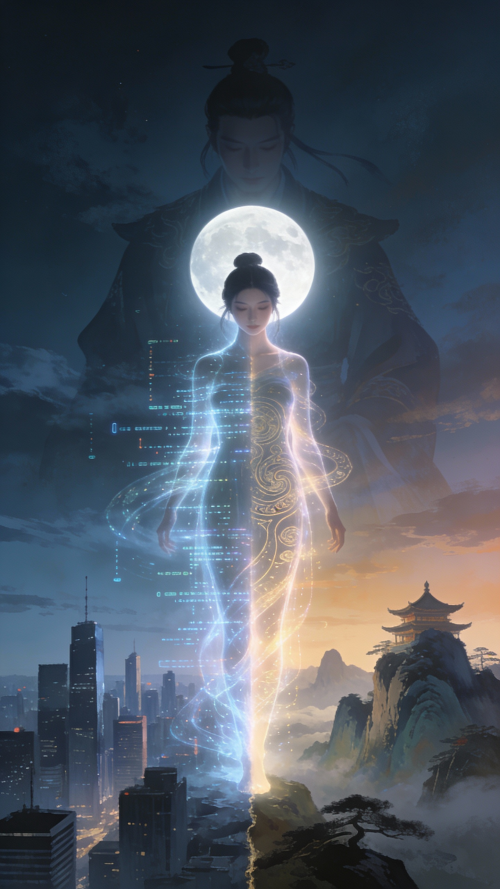 jimeng 2025 12 23 5366 史诗级场景，一位女子立于两个世界的交界处，一侧是现代都市的天际线，另一侧是中国古...