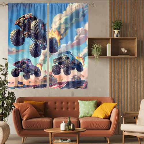 Modern Cartoon Monster Truck Watercolor Racing Black White Plaid Anime Monster Trucks CGCL 5