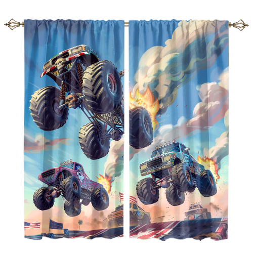 Modern Cartoon Monster Truck Watercolor Racing Black White Plaid Anime Monster Trucks CGCL 1 5