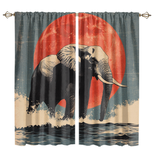 Watercolor Japanese Style Elephant Modern Wildlife Elephant Japanese Great Wave Red Sun CGCL 1 1