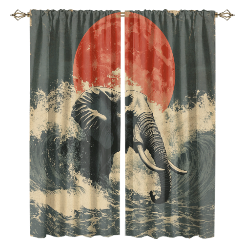 Watercolor Japanese Great Wave Elephant Rustic Painting Art Japanese Red Sun Elephant CGCL 1 2