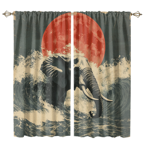 Watercolor Japanese Great Wave Elephant Rustic Painting Art Japanese Red Sun Elephant CGCL 1 8