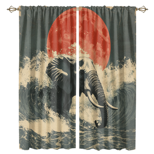 Watercolor Japanese Great Wave Elephant Rustic Painting Art Japanese Red Sun Elephant CGCL 1 4