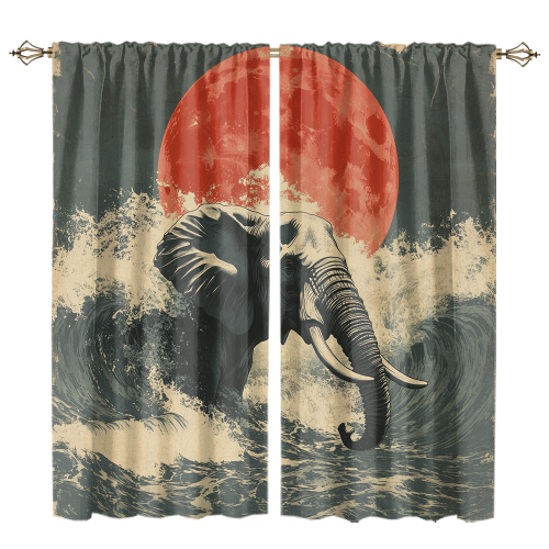 Watercolor Japanese Great Wave Elephant Rustic Painting Art Japanese Red Sun Elephant CGCL 1 5