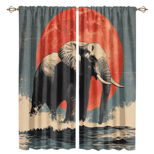 Watercolor Japanese Style Elephant Modern Wildlife Elephant Japanese Great Wave Red Sun CGCL 1 2