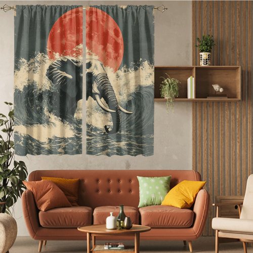 Watercolor Japanese Great Wave Elephant Rustic Painting Art Japanese Red Sun Elephant CGCL 5