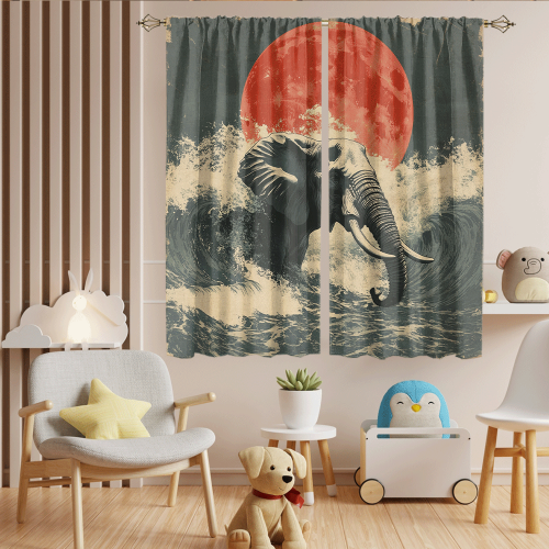 Watercolor Japanese Great Wave Elephant Rustic Painting Art Japanese Red Sun Elephant CGCL 6