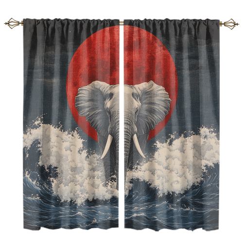 Rustic Japanese Style Elephant Watercolor Wildlife Elephant Japan Great Wave Red Sun CGCL 1 1