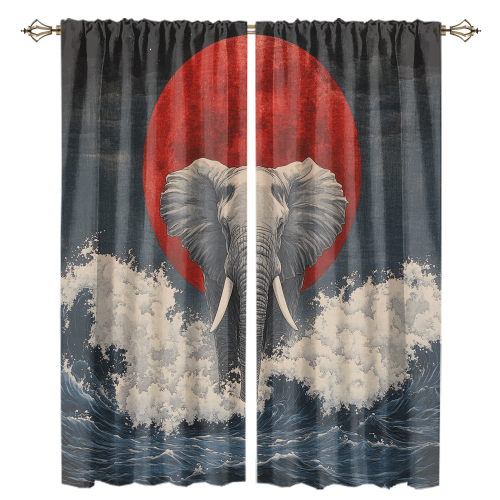 Rustic Japanese Style Elephant Watercolor Wildlife Elephant Japan Great Wave Red Sun CGCL 1 2