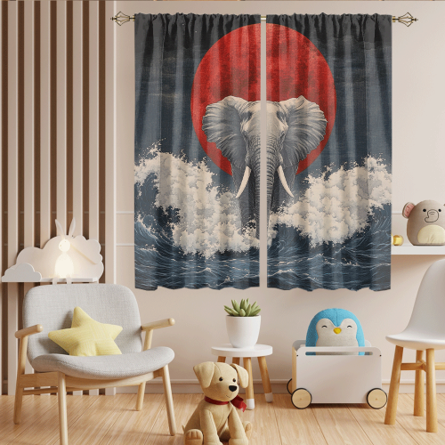 Rustic Japanese Style Elephant Watercolor Wildlife Elephant Japan Great Wave Red Sun CGCL 6