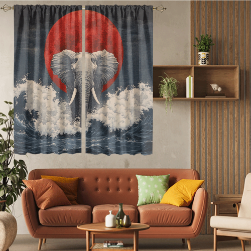 Rustic Japanese Style Elephant Watercolor Wildlife Elephant Japan Great Wave Red Sun CGCL 5