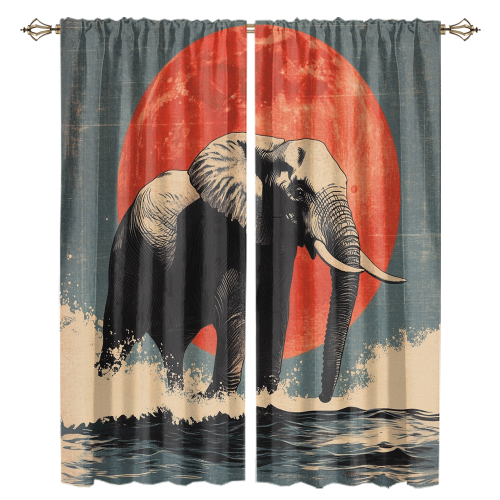 Watercolor Japanese Style Elephant Modern Wildlife Elephant Japanese Great Wave Red Sun CGCL 1 6