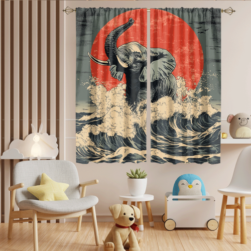 Abstract Japanese Style Elephant Rustic Wildlife Elephant Japan Great Wave Red Sun CGCL 6