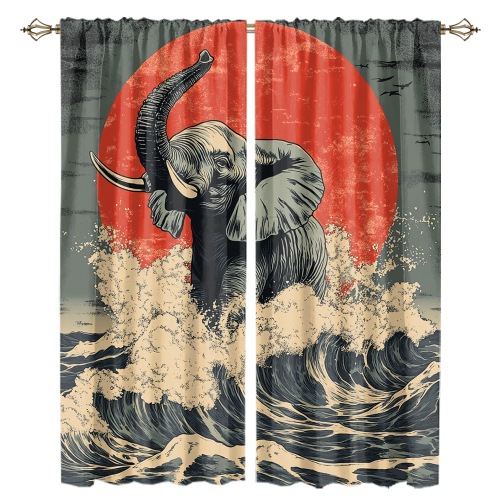Abstract Japanese Style Elephant Rustic Wildlife Elephant Japan Great Wave Red Sun CGCL 1 6