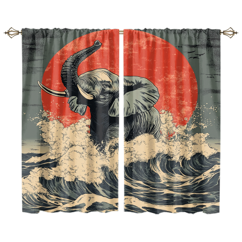 Abstract Japanese Style Elephant Rustic Wildlife Elephant Japan Great Wave Red Sun CGCL 1 7