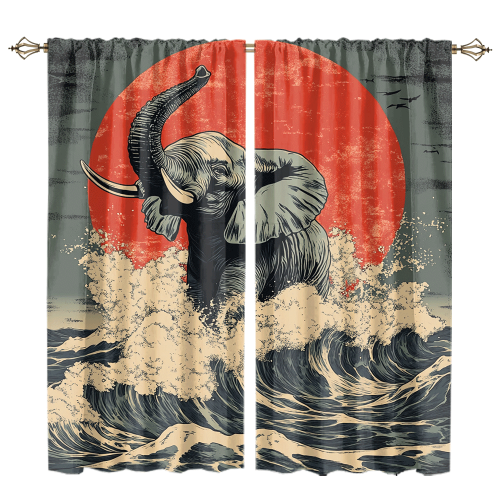 Abstract Japanese Style Elephant Rustic Wildlife Elephant Japan Great Wave Red Sun CGCL 1 1