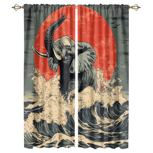 Abstract Japanese Style Elephant Rustic Wildlife Elephant Japan Great Wave Red Sun CGCL 1 3