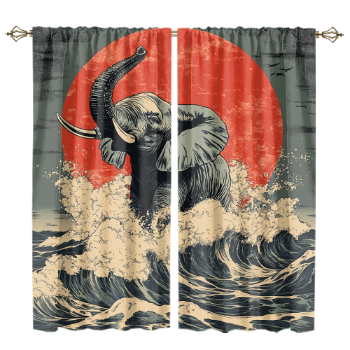 Abstract Japanese Style Elephant Rustic Wildlife Elephant Japan Great Wave Red Sun CGCL 1 8