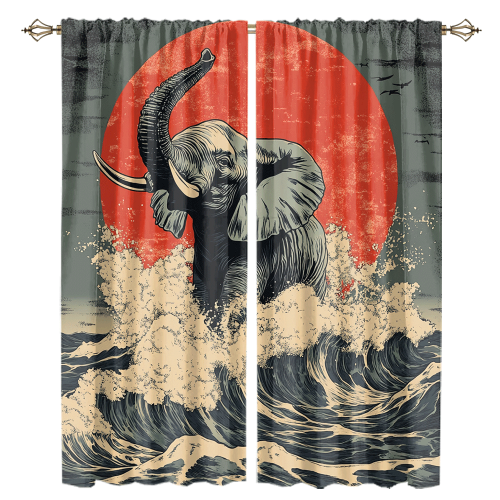 Abstract Japanese Style Elephant Rustic Wildlife Elephant Japan Great Wave Red Sun CGCL 1 4
