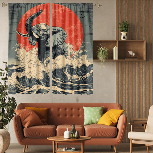 Abstract Japanese Style Elephant Rustic Wildlife Elephant Japan Great Wave Red Sun CGCL 5